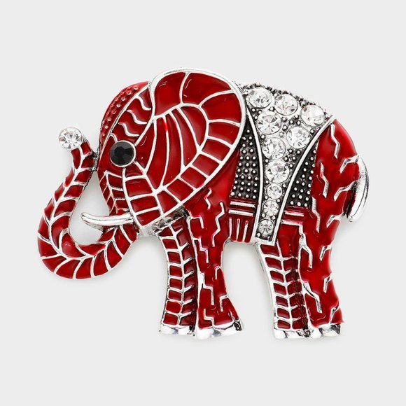 Beautiful Red & Silver Enamel Elephant Clothing Brooch - Picture 1 of 2